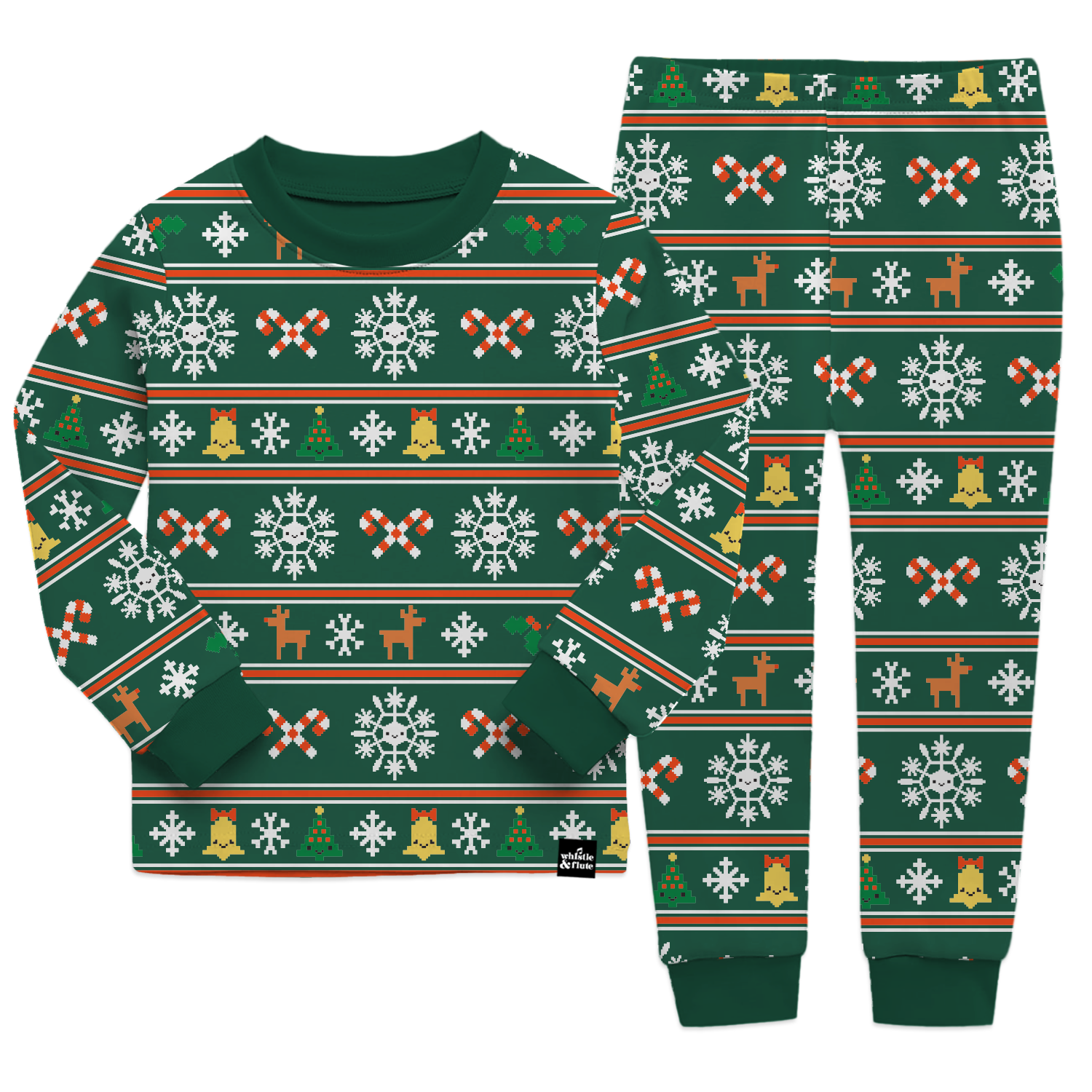 Whistle & Flute Nordic Pyjama Set - Unisex pyjamas with a Nordic-style pattern including snowflakes and festive icons.